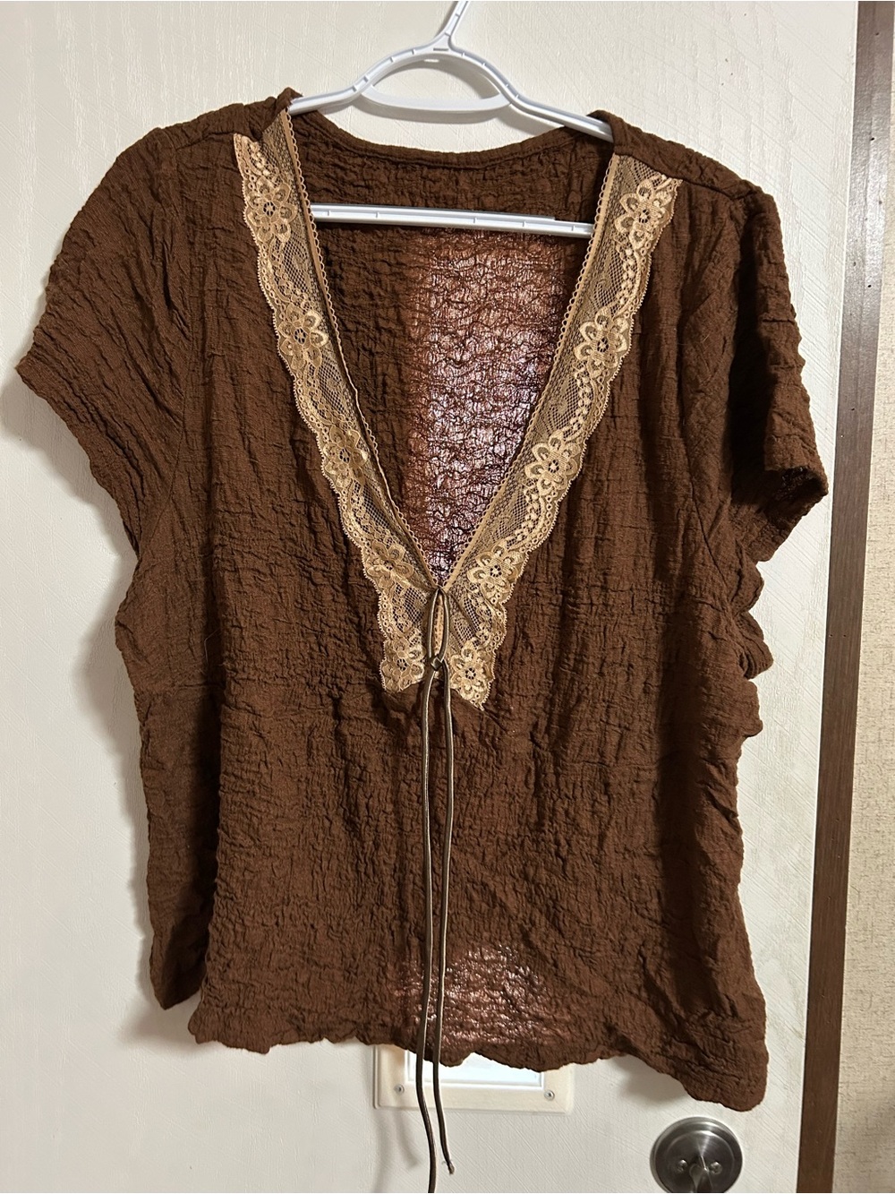 SHEIN Brown V-Neck Top with Beige Lace Trim